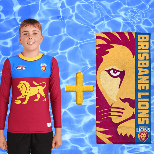 Brisbane Lions Kids Rashie and Beach Towel Combo