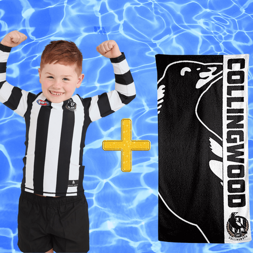 Collingwood Magpies Kids Rashie and Beach Towel Combo