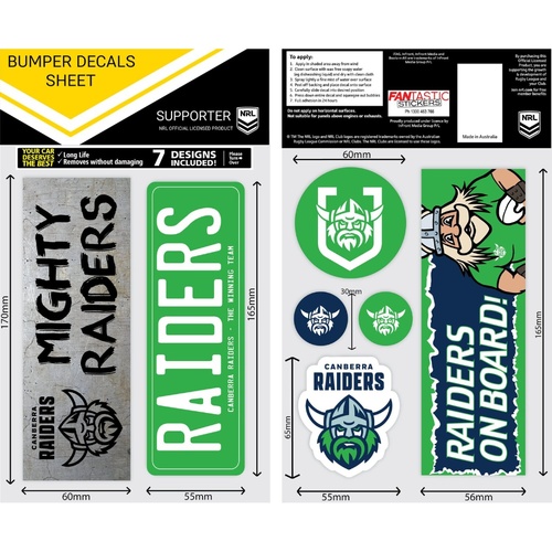 Canberra Raiders Bumper Decal Sheet