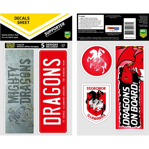 St George Illawarra Dragons Bumper Decal Sheet