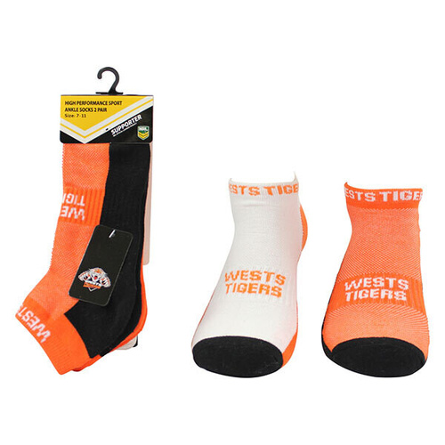Wests Tigers 2 Pack Ankle Sport Socks