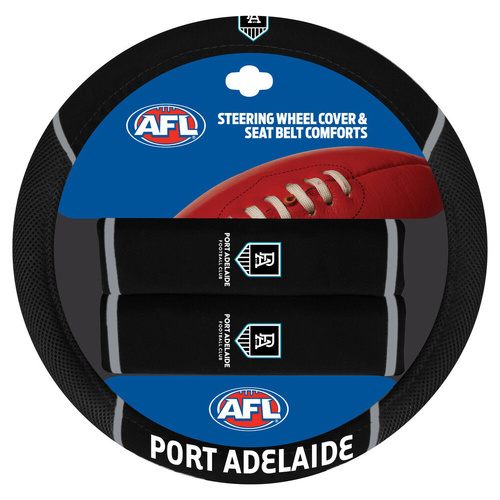 Port Adelaide Power Steering Wheel Cover & Seat Belt Comforts Set