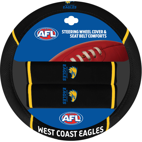 West Coast Eagles Steering Wheel Cover & Seat Belt Comforts Set