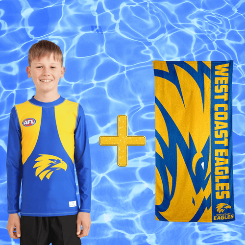 West Coast Eagles Kids Rashie and Beach Towel Combo